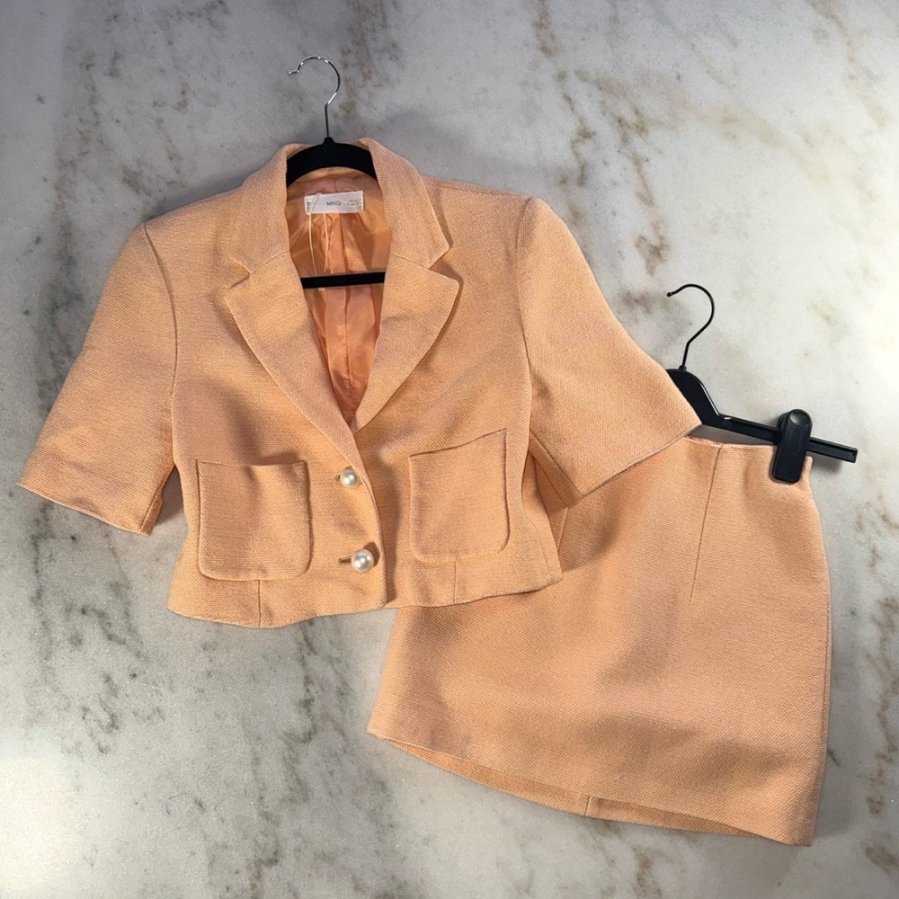 Mango Peach Tweed Cropped Short Sleeve Blazer And Mini Skirt Set Womens XS EUC - Picture 3 of 17